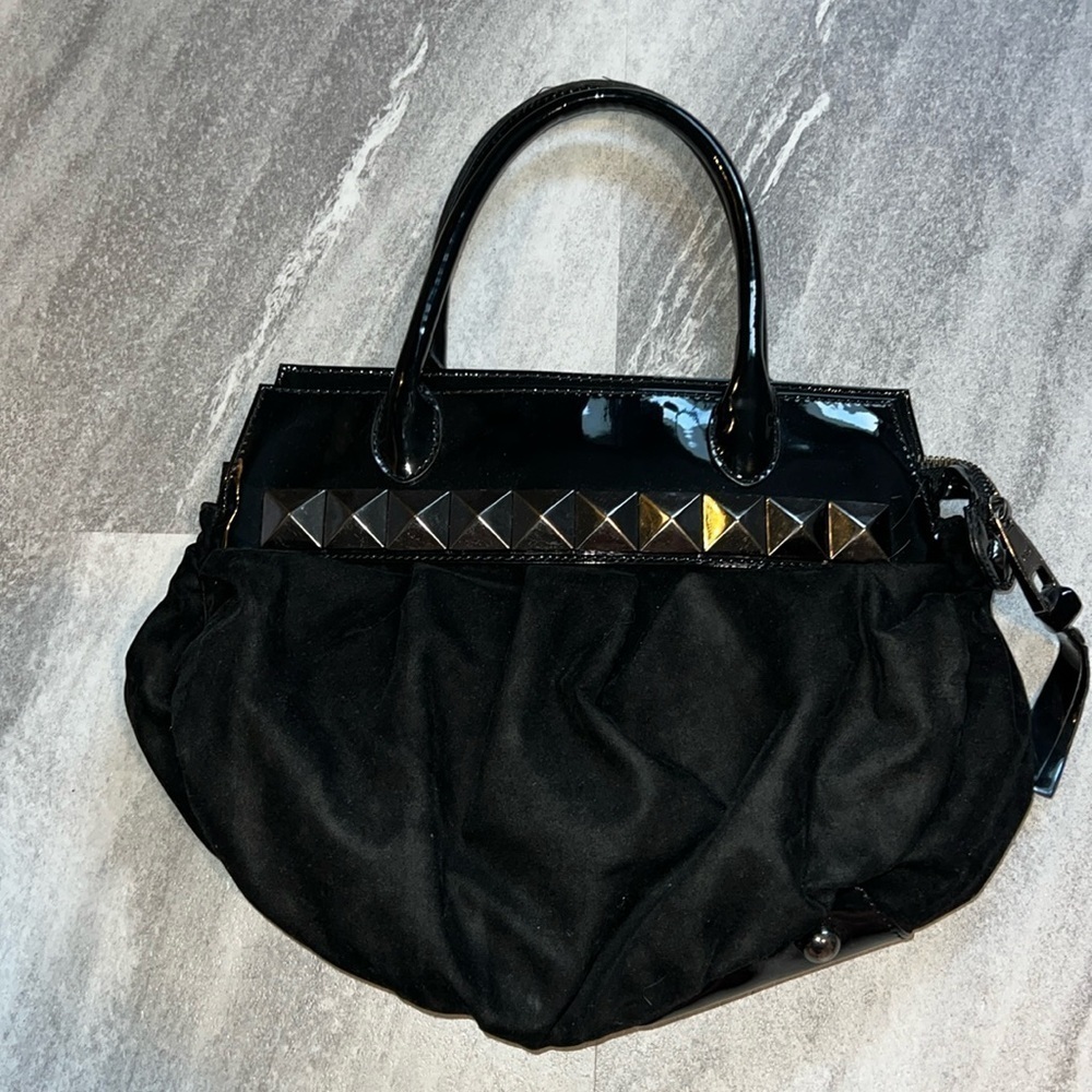 Black patent leather & velvet studded handbag MNG Limited Edition Paris zipper